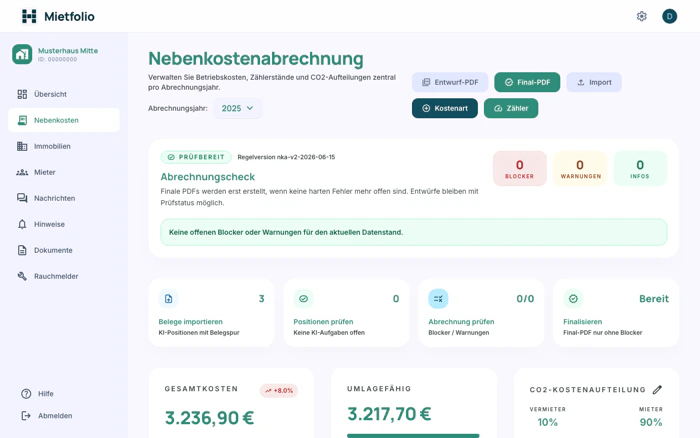 Mietfolio-App: Dashboard-Ansicht für private Vermieter