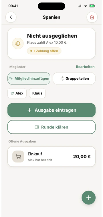 Tavena-App: Gruppenausgaben und Salden auf dem Smartphone
